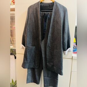 ZARA WOMAN OVERSIZED V-NECK HERRINGBONE CARDIGAN JACKET/ Pants Suit Gray XS
